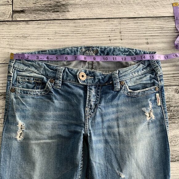 Vintage Silver Tuesday Low Rise Bootcut Distressed Light Wash Denim Flare Jeans - Picture 10 of 16